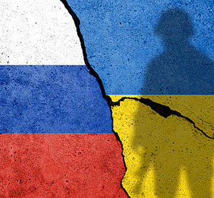 Image of Russia and Ukraine flags in conflict