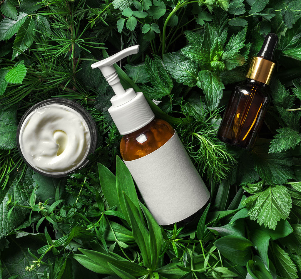 Cosmetic skin care products on green leaves.