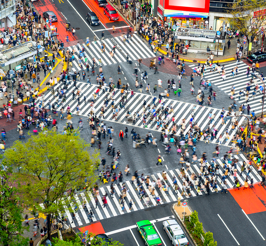 View of Shibuya Crossing in Tokyo, Japan, one of the busiest crosswalks in the world.