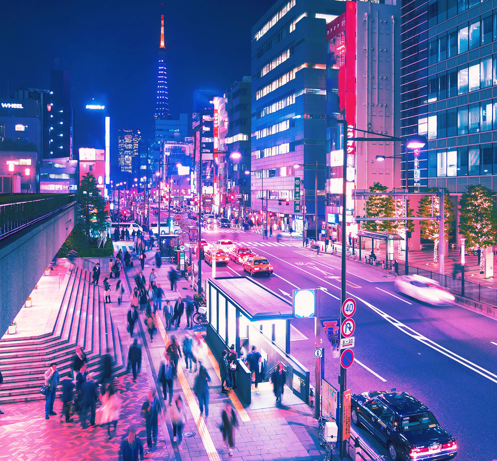 Aerial view of Tokyo, Japan 1980's retro style.