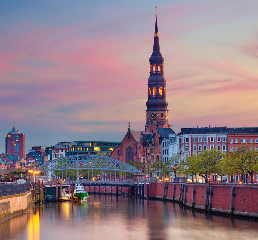 The Speicherstadt in Hamburg, Germany, during sunset.