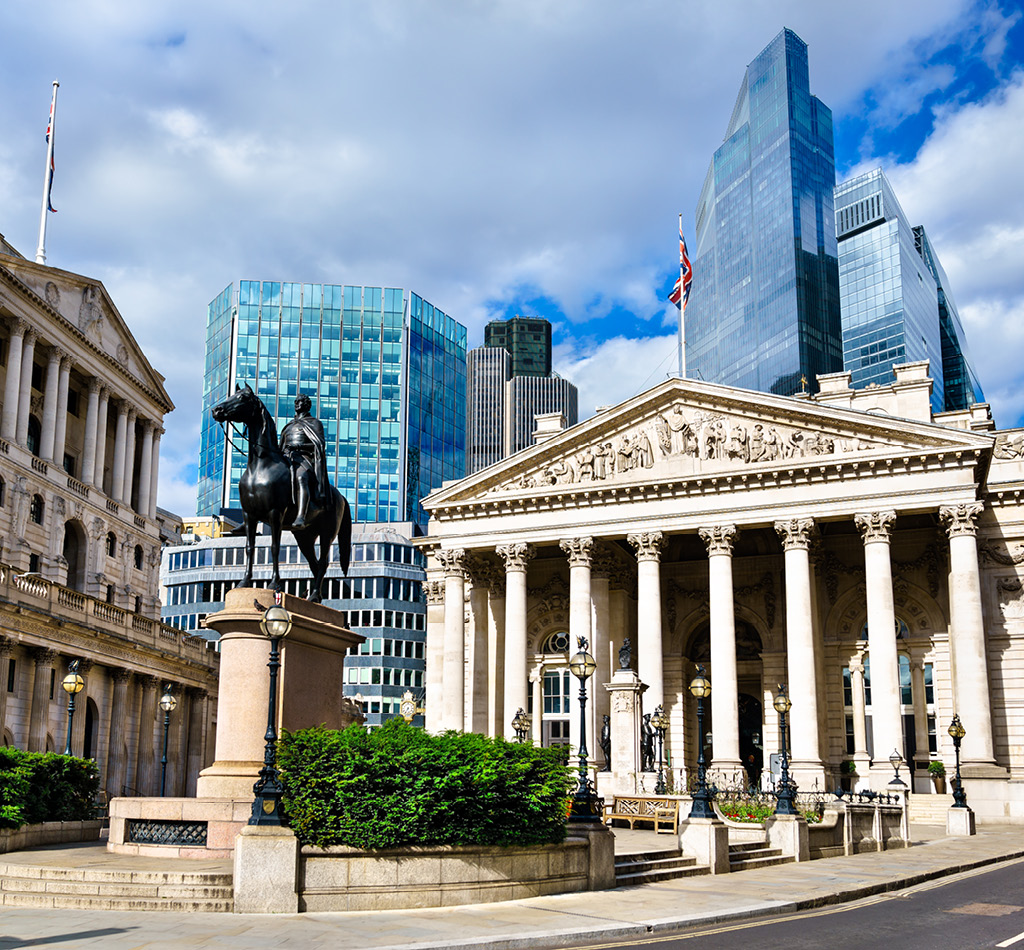 City of London with Royal Exchange at Bank Junction, England.