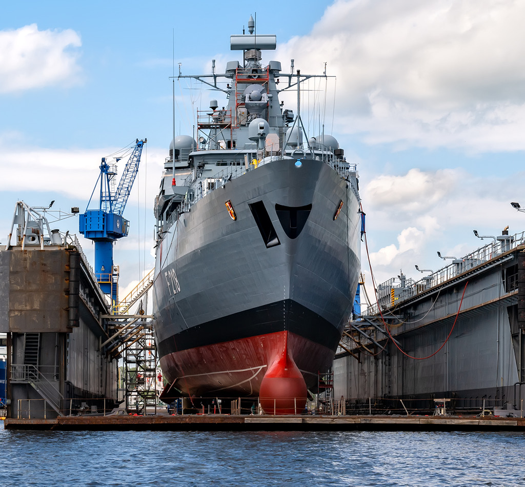 Ship in dry dock in harbor of Wilhelmshaven, Germany.