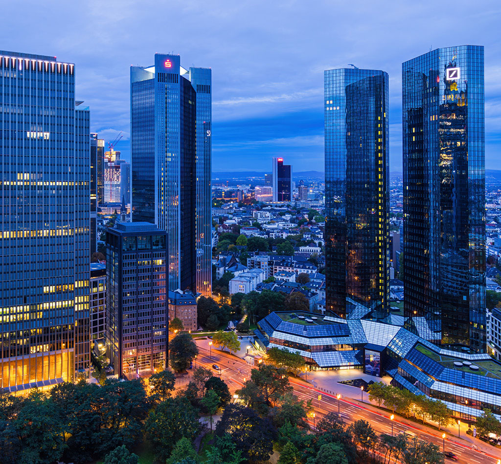 Arial view of bank towers in Frankfurt, Germany.