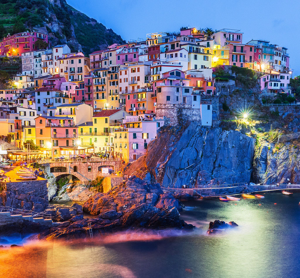 Manarola village at dusk. Cinque Terre National Park, Italy.